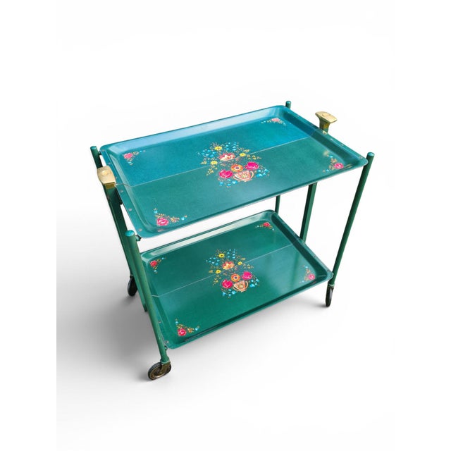 1960s Folding Green Trolley with Floral Decor, 1960s-1970s For Sale - Image 5 of 12
