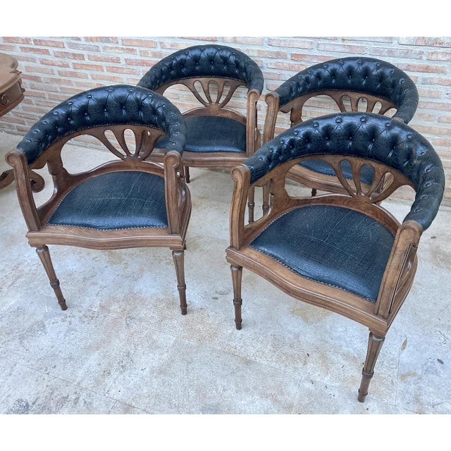 Mid-Century Modern French Dining Armchairs in Leather and Walnut, 1950s, Set of 4 For Sale - Image 3 of 17