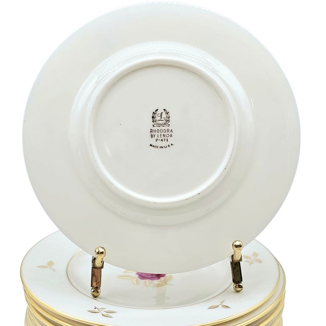 Vintage Lenox Bone China Bread Plates Gold Trim Rose Pattern Usa Mid-Century Tableware Set of 9 For Sale - Image 10 of 12