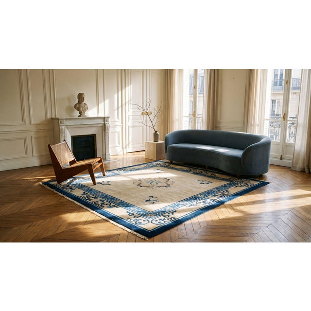 Cream 1900s White Cream Medallion Antique Chinese Peking Rug 4'3" X 6'6" Handknotted Wool Carpet For Sale - Image 8 of 9