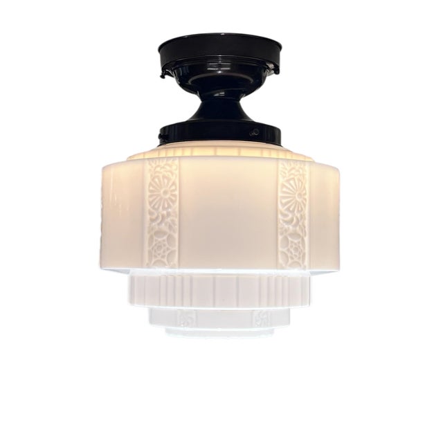 Nice 1920s or 1930s milk glass shade on vintage dark bronze colored fixture. Fixture has some signs of wear but hard to...