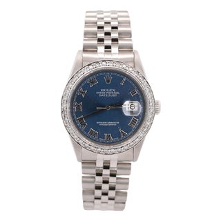 Vintage Rolex Datejust 36mm Blue Dial Diamond Bezel Watch For Sale