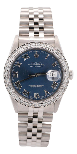 Vintage Rolex Datejust 36mm Blue Dial Diamond Bezel Watch