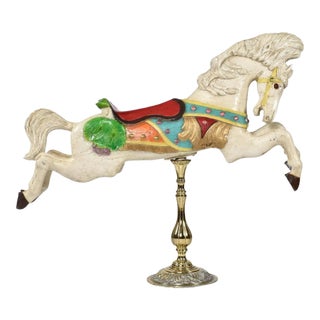 c.w. Parker White Carousel Jumper Horse With Hand Painted Accents on Brass Pedestal For Sale