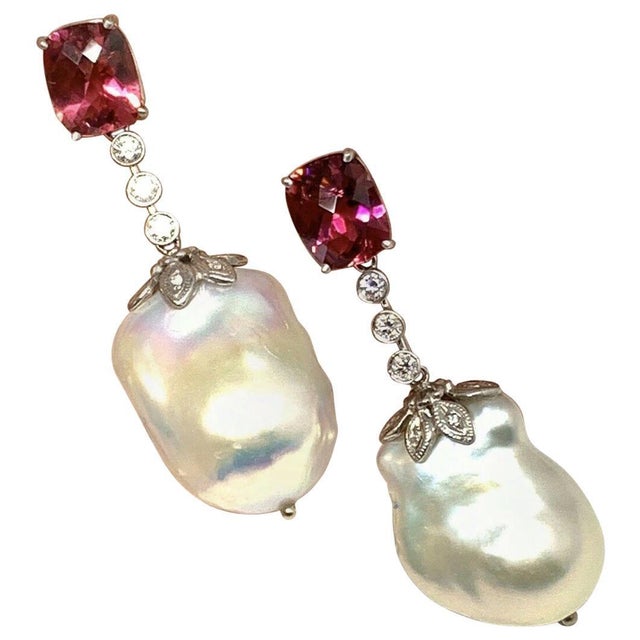 Diamond Rubellite Tourmaline Pearl Earrings 18k Gold 6.25 TCW Certified For Sale - Image 9 of 12