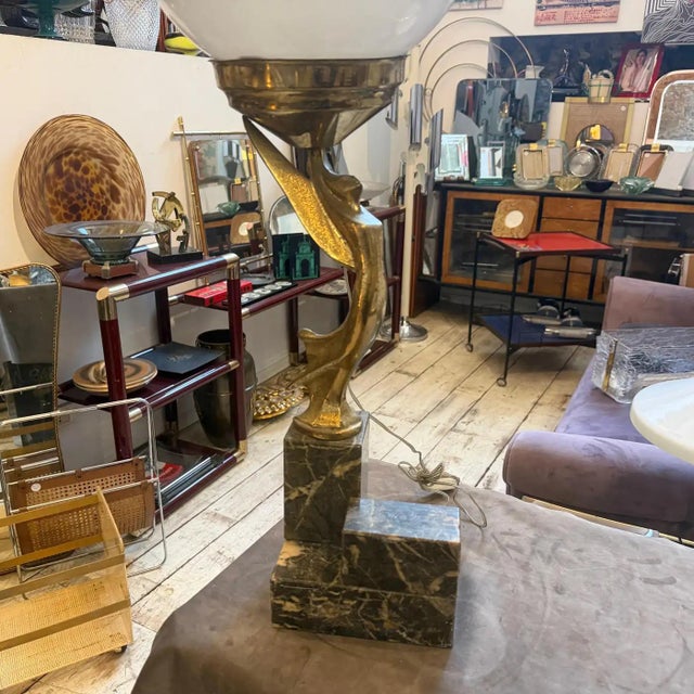 1930s 1930s Art Deco Black Marble, Gilded Metal and Milk Glass Italian Table Lamp For Sale - Image 5 of 18