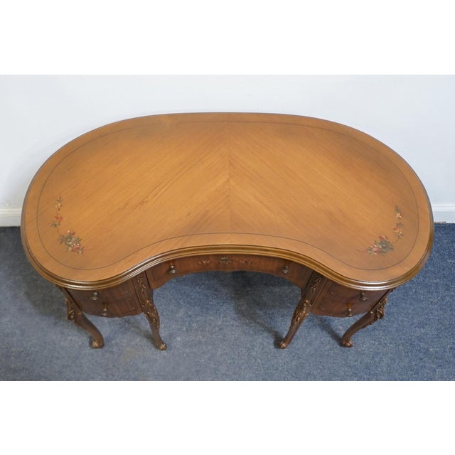 Vintage Antique Solid Walnut Louis XV French Provincial 42" Kidney Vanity Table W. Hand Painted Floral Accents For Sale - Image 13 of 13