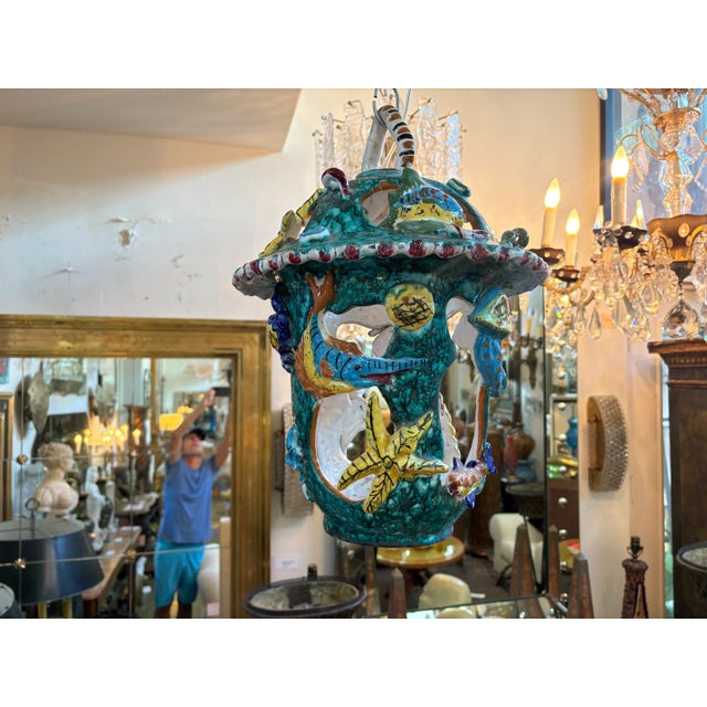 Hollywood Regency 1950s Italian Glazed Terracotta Lantern For Sale - Image 3 of 10