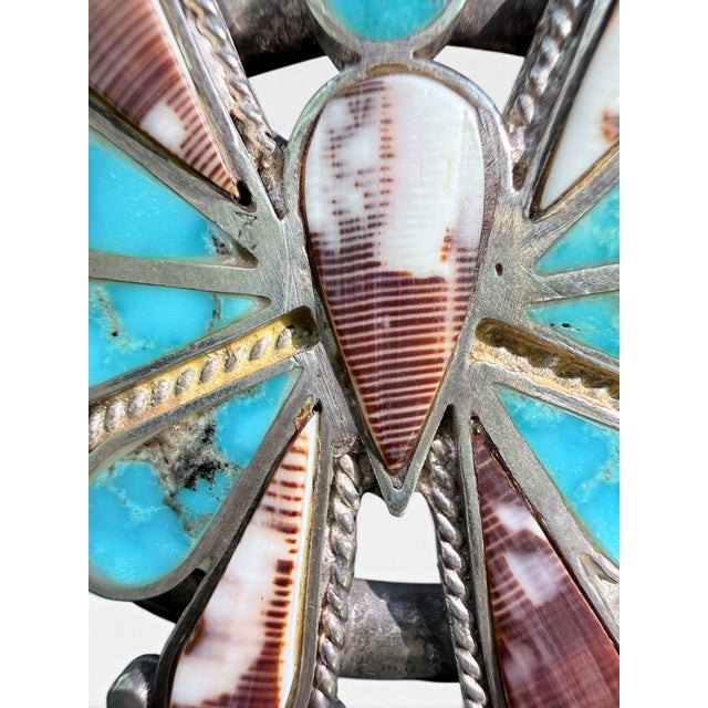 Turquoise Vintage Navajo Style Sterling Silver Turquoise & Spiny Oyster Butterfly Cuff Bracelet For Sale - Image 8 of 12