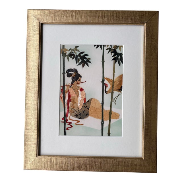 Vintage Asian Leaf Art Collage of Woman Playing Flute With Crane, Bamboo Scene For Sale