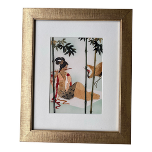 Vintage Asian Leaf Art Collage of Woman Playing Flute With Crane, Bamboo Scene
