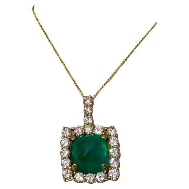 17.5 Ct Sugar Loaf Cabochon Colombian Emerald & 5.7 Ct Diamond Necklace 14KYG For Sale - Image 15 of 18