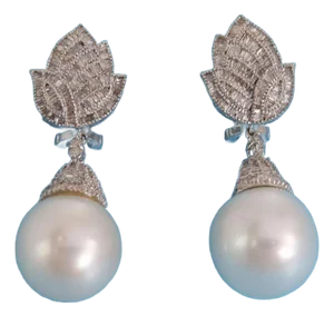 Baguette Diamond 16mm Large Pearl 18k White Gold Floral Dangle Earrings