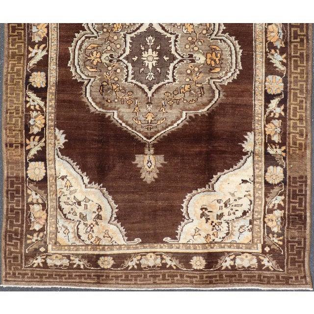 Mid 20th Century Brown Background Floral Medallion Vintage Turkish Kars Rug in Ivory and Taupe For Sale - Image 9 of 14