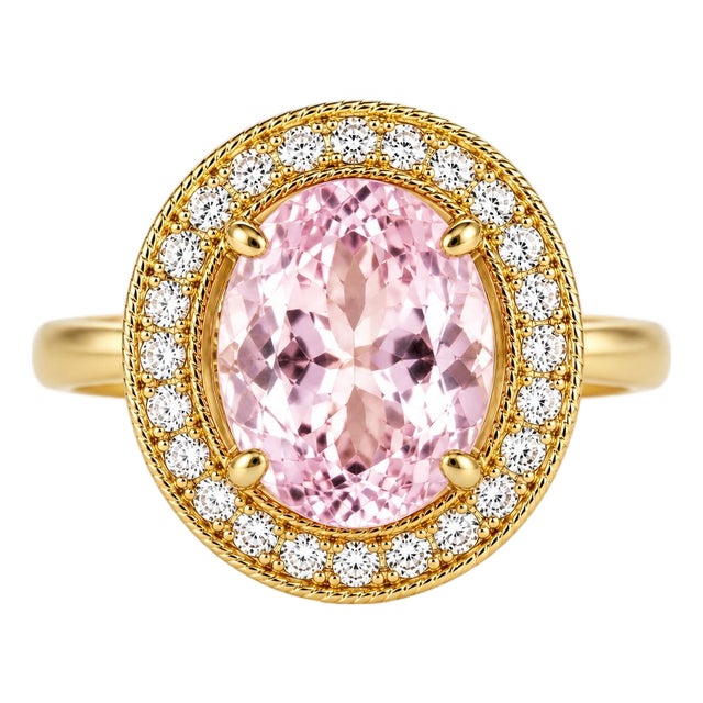 Mid 20th Century 14k Yellow Gold Kunzite Diamond Cocktail Engagement Ring Estate, Size 6.5 For Sale