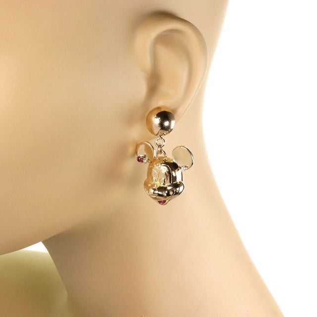 Contemporary Mickey & Minnie Mouse Diamond Rubies 18k Yellow Gold Drop Dangle Earrings For Sale - Image 3 of 6