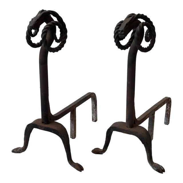 Antique Wrought Iron Figural Ram Andirons, a Pair, Circa Early 20th Century For Sale