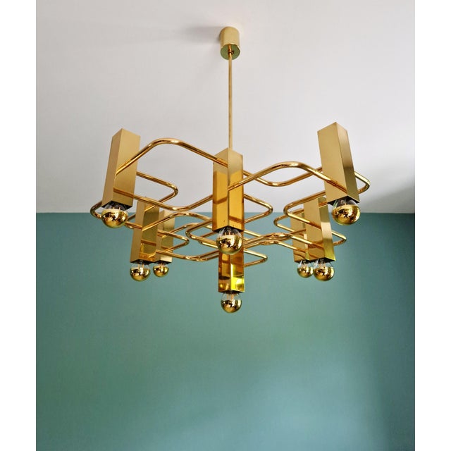 Geometric Brass Chandelier by Gaetano Sciolari for Boulanger, 1970s For Sale - Image 6 of 14