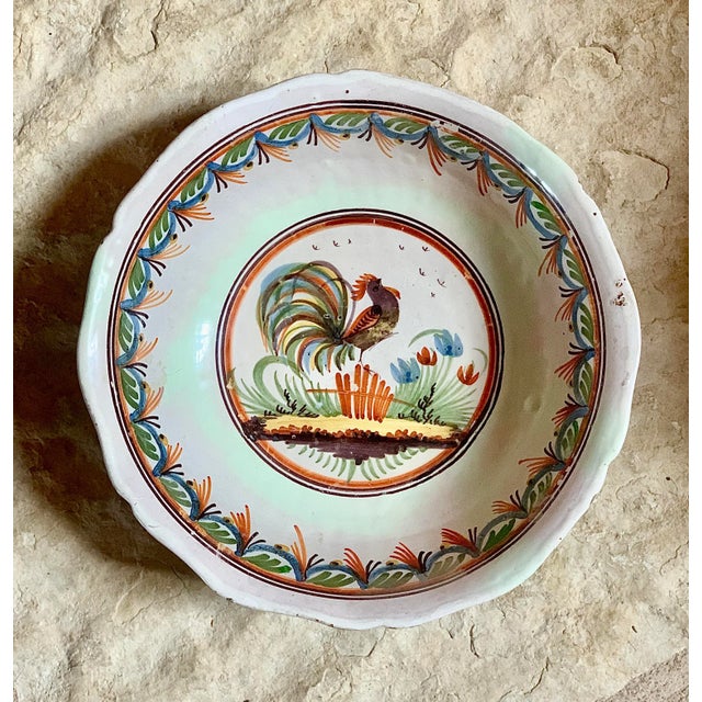 Antique French Hand Painted Pottery Milk Bowl With Rooster Motif For Sale - Image 9 of 12