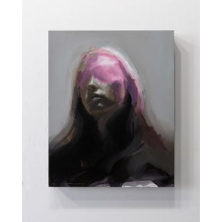 Reflect by Josh Sorrell | Oil on Panel Portrait of a figure with a pink veil over the face For Sale