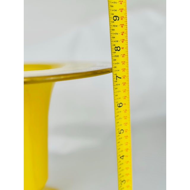 Mid 20th Century Vintage Bohemian Czech Handblown Yellow Glass Vase With Painted Gold Rings and Wide Rim – Mid-Century Gilded Art Glass Centerpiece For Sale - Image 5 of 11