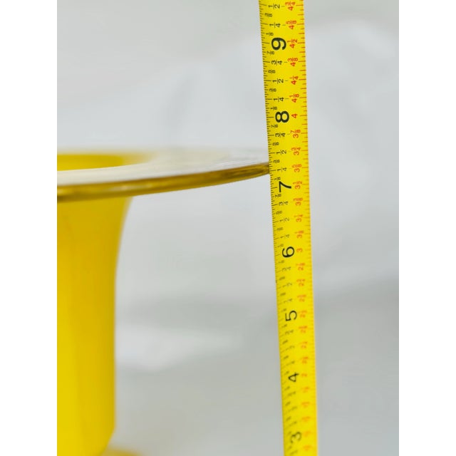 Mid 20th Century Vintage Bohemian Czech Tango Handblown Yellow Glass Vase With Painted Gold Rings and Wide Rim – Mid-Century Gilded Art Glass Centerpiece For Sale - Image 5 of 11