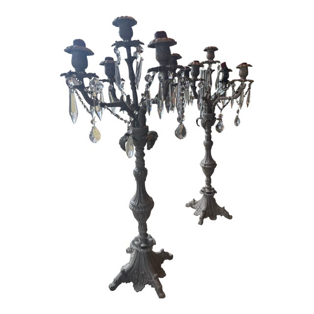 Late 20th Century Victorian Cast and Crystal 5-Candle Candelabras For Sale