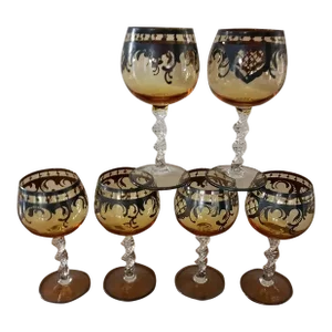 1970s Spiral Stemmed Bohemian Cordials Detailed Dark Silver Motif & Amber Highlights- Set of 6