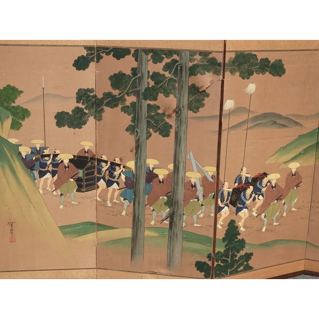 Wood Vintage Japanese Byobu Four Panel Folding Screen Picture Caravan of Men Signed For Sale - Image 7 of 18