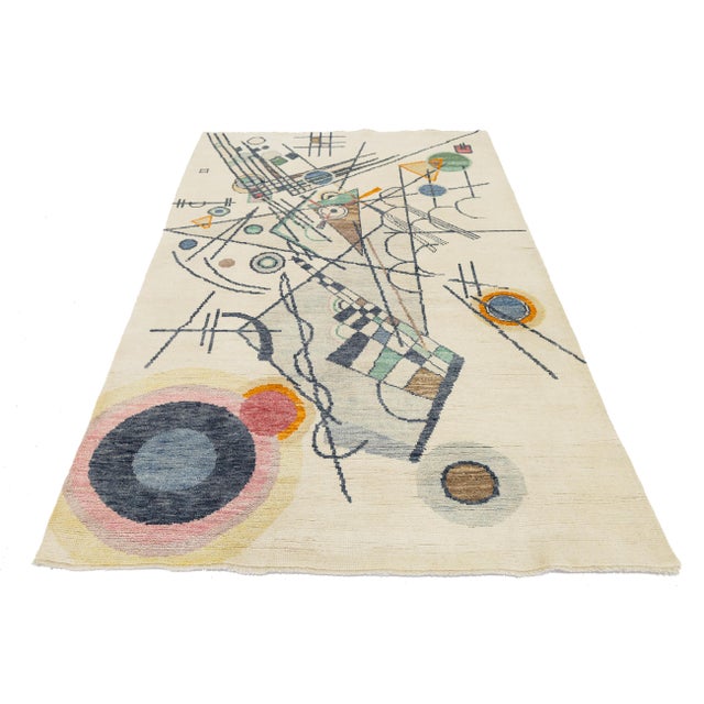 Abstract 5x8 Modern Abstract Geometric Area Rug - Bauhaus Style Hand-Knotted in Ivory For Sale - Image 3 of 8