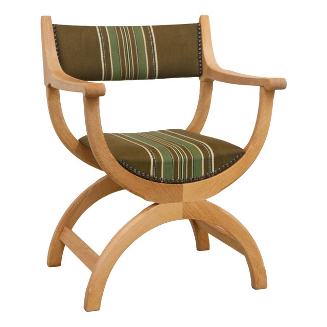 Danish Kurul Armchair in Oak and Striped Green Upholstery by Henning Kjærnulf, 1960s For Sale