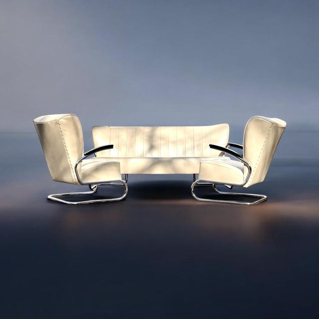 Set sofa + 2 armchairs tubular steel bauhaus design icons mauser works club furniture cs series, germany 1958 lounge...