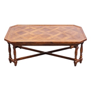 Henredon Furniture Four Centuries Collection Solid Oak Rustic Americana 46" Accent Coffee Table W. Lattice Parquet Top For Sale