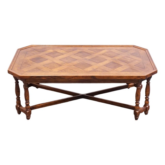 Henredon Furniture Four Centuries Collection Solid Oak Rustic Americana 46" Accent Coffee Table W. Lattice Parquet Top For Sale