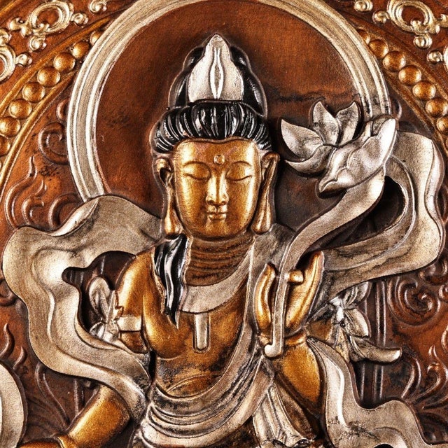 Late 19th Century Late 19th Century Wooden Framed Repoussé Copper Thangka Plaque, Gold & Silver, 1.4kg For Sale - Image 5 of 7