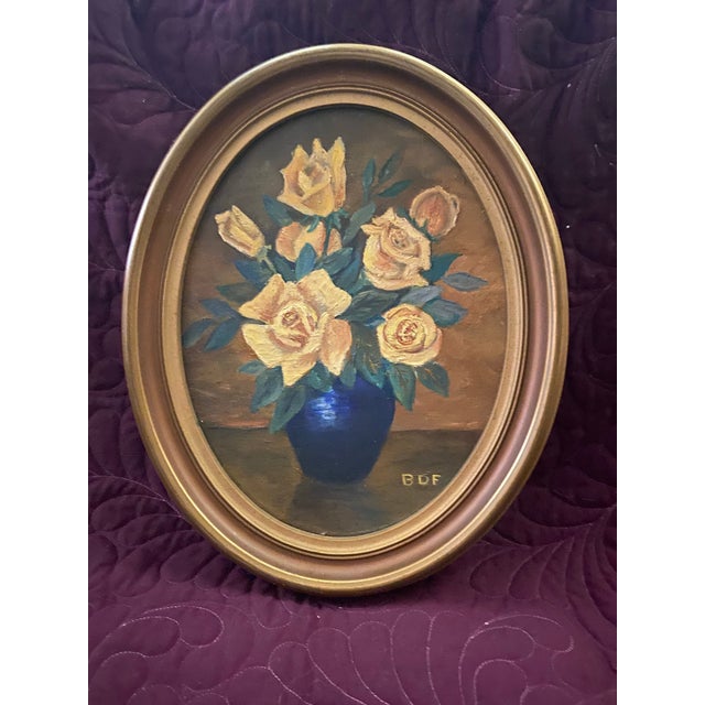 French Provincial Mid 20th Century Original Oil Painting of Yellow Roses in a Cobalt Blue Vase For Sale - Image 3 of 4
