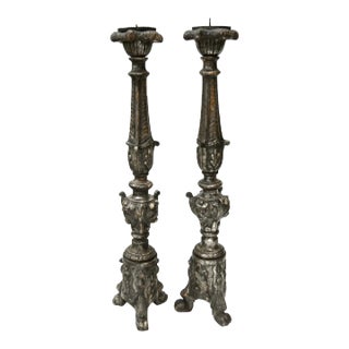 18th Century Italian Altar Gilt Candlesticks or Prickets- Set of 2 For Sale