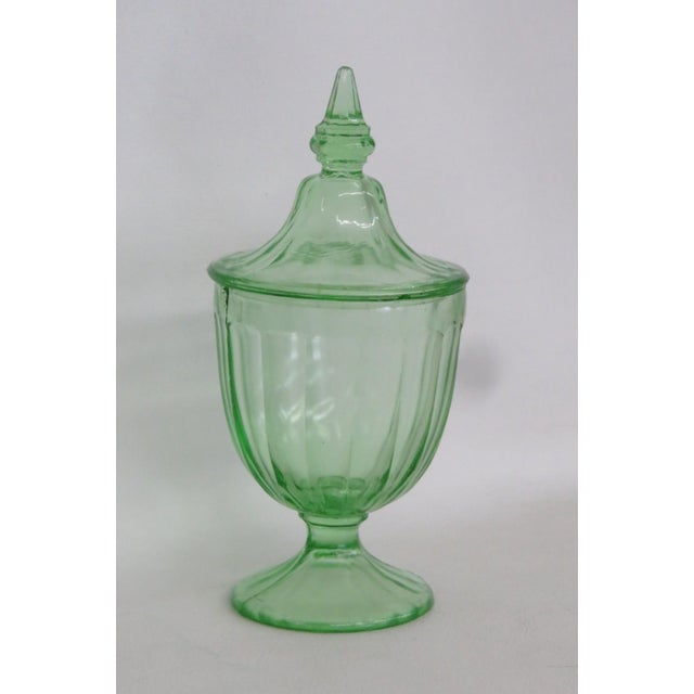 Green Paneled Depression Glass Candy Dish Footed Jar With Pointed Lid 4844b For Sale - Image 9 of 14