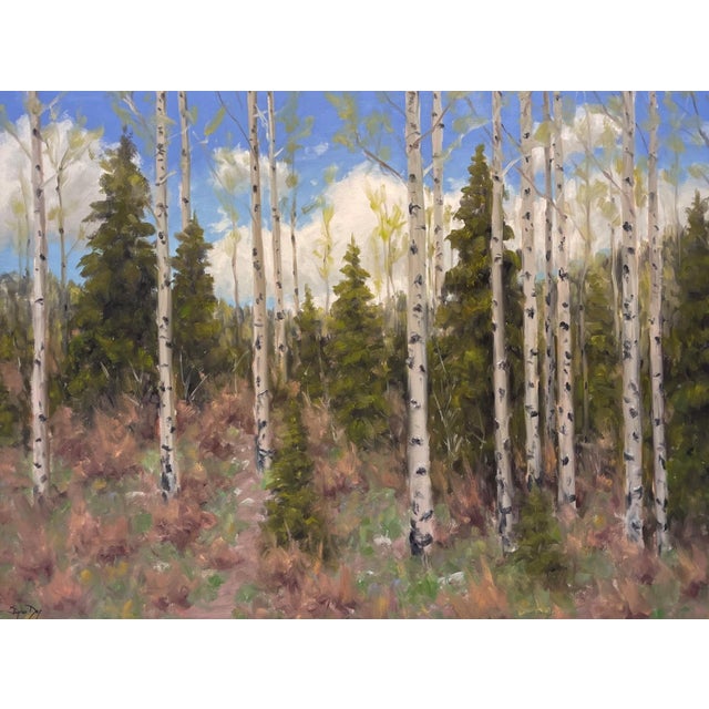 Spring Finally by Stephen Day | Oil on Panel Landscape with birch trees and green foliage For Sale