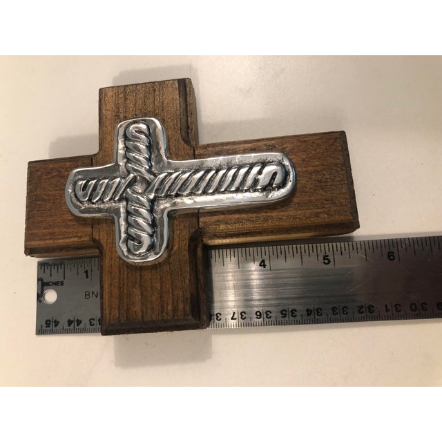 1990s Mexican Pewter on Wood Cross Wall Plaque For Sale - Image 6 of 7