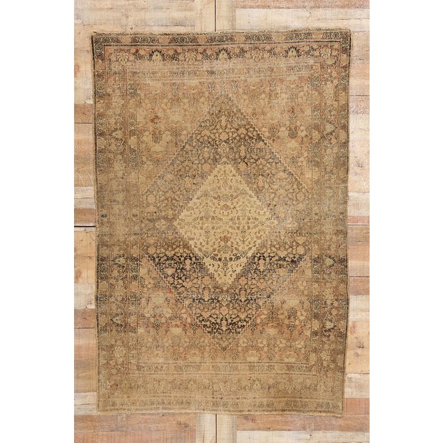 Distressed Antique Persian Mahi Tabriz Rug - 04'04 X 06'06 For Sale - Image 9 of 9