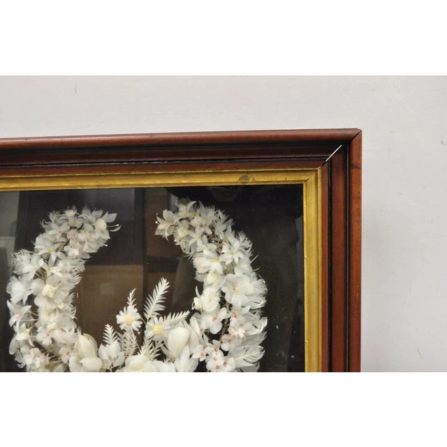 Wood Antique Victorian White Feather Flower Mourning Wreath Mahogany Shadow Box Frame For Sale - Image 7 of 11