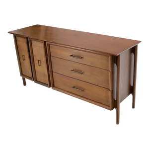 Decorative Caned Door Front Exposed Legs Walnut Credenza Dreser