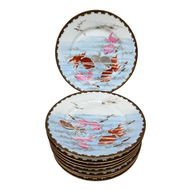 Early 20th Century Antique Kutani Hand Painted Koi Plates, Signed- Set of 9 For Sale