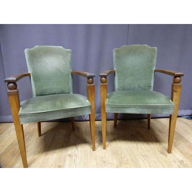 Set of Mid-Century French Green Velvet and Walnut Armchairs For Sale - Image 4 of 11