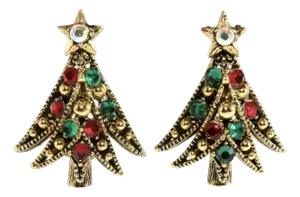 Vintage Hollycraft Christmas Tree Earrings Red & Green Rhinestones - 2 Pieces