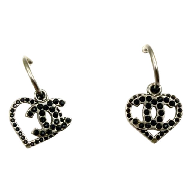 Chanel Silver CC Heart Black Crystal Overlap Hoop Earrings, A Pair For Sale