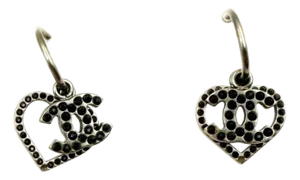 Chanel Silver CC Heart Black Crystal Overlap Hoop Earrings, A Pair