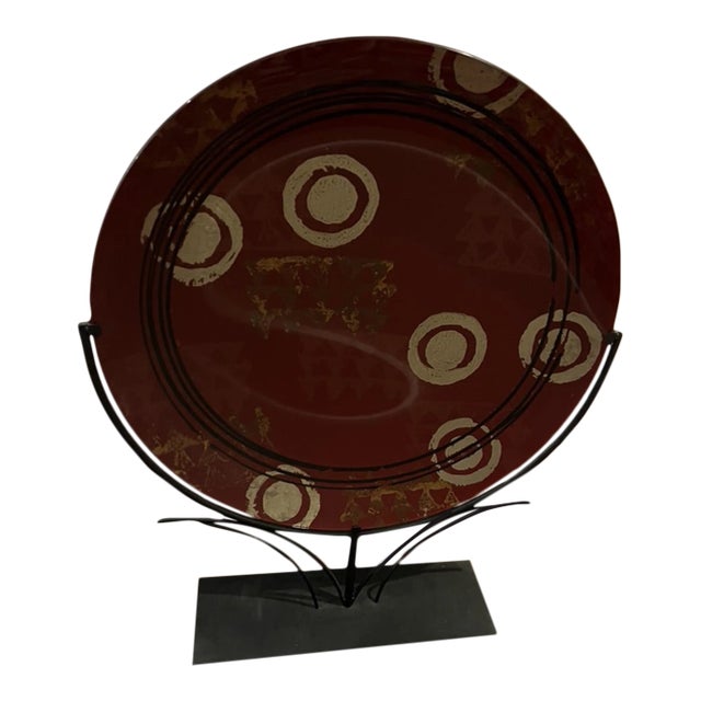 2002 Tony Evans Contemporary Red Art Glass Charger on Wrought Iron Stand For Sale