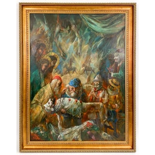 Jonah Kinigstein, Large Oil Painting Circus Scene Clowns Rediscovered NY Artist Jonah Kinigstein, c. 1950s For Sale